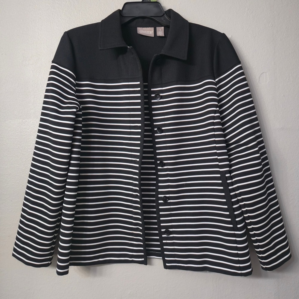 Chicos Black White Striped Button Front Jacket Ribbed Knit Size 1 M